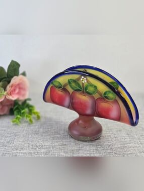 Vintage Hand Painted Blown Glass Napkin Holder Apples Theme Multi Color